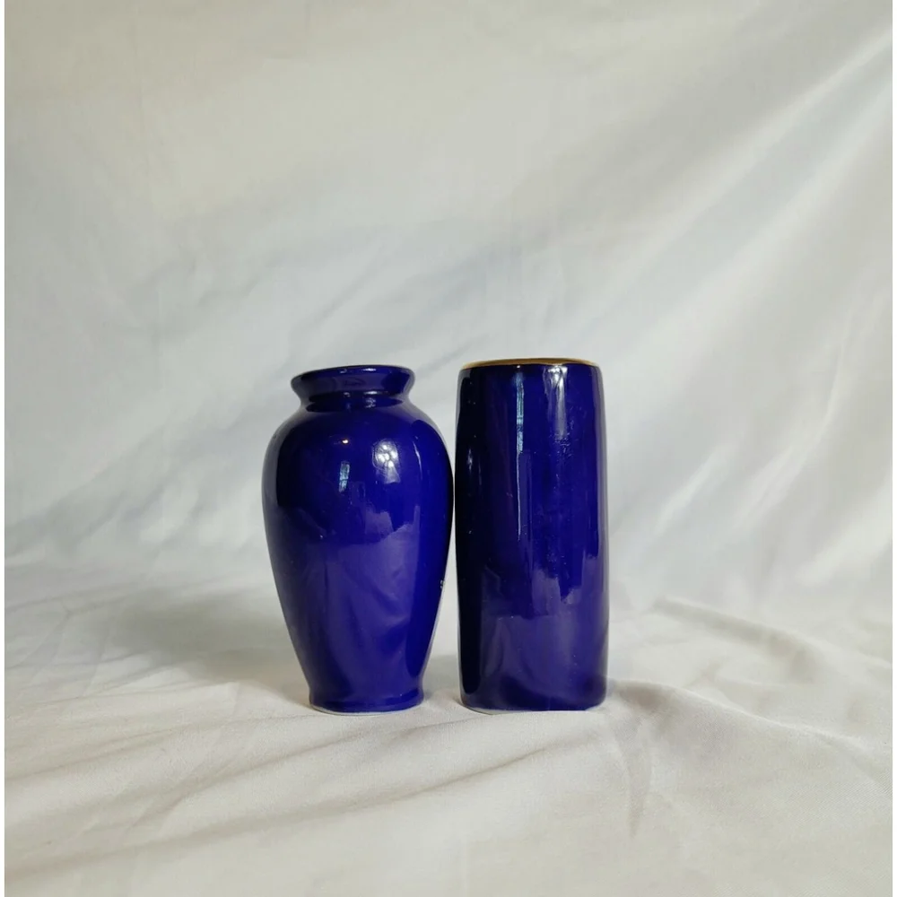 2 Vintage Miyako Mini Vases Cobalt‎ Blue W/ Gold Accents Floral & Peacock